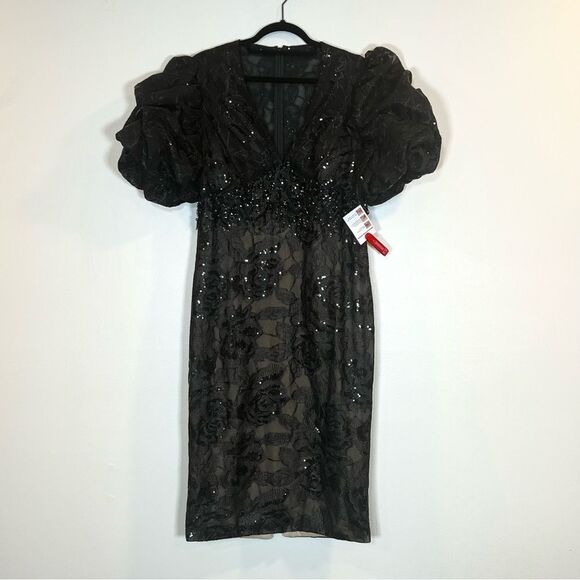 $598 Mac Duggal 12440 Size 10 Black Floral Lace Puff Sleeve V-Neck Midi Dress - Picture 5 of 11